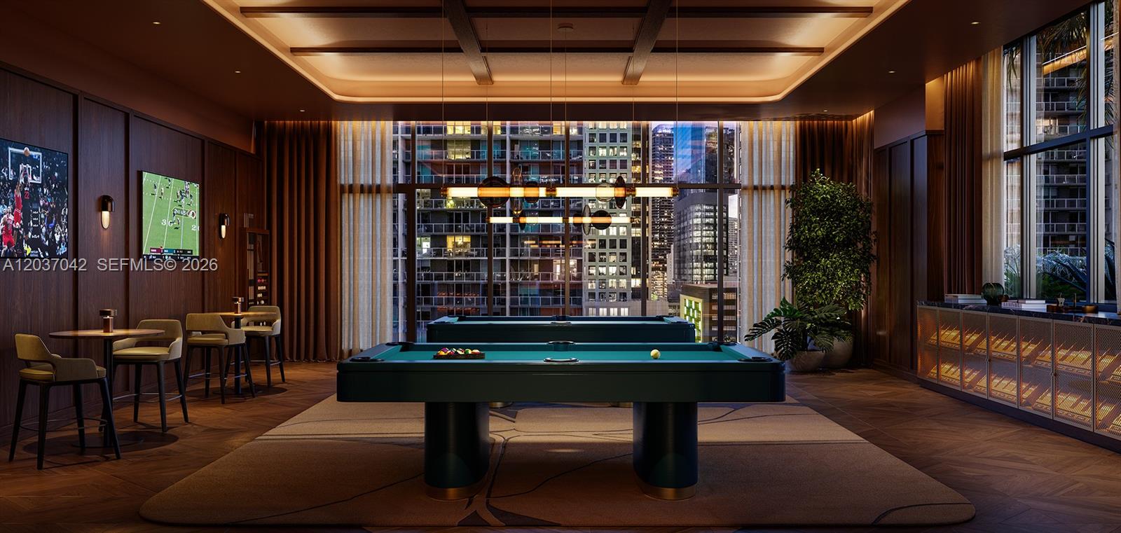 This rendering shows a modern game room featuring two pool tables, lounge seating, and floor-to-ceiling windows — 77 SE 5th Street # 2009, Miami FL 33131, MIAMI, FL