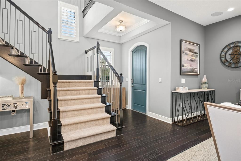 A foyer features a staircase with carpeted steps, dark wood flooring, and a teal front door — 8801 FOUNTAIN PALM ALLEY, WINTER GARDEN, FL