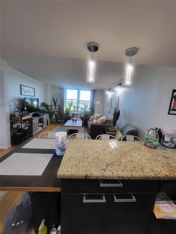 An open-concept living area features a kitchen island, dining space, and a bright living room — 701 S MADISON AVENUE UNIT 414, CLEARWATER, FL