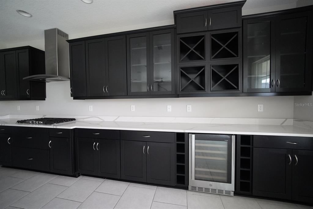 A kitchen with dark cabinets, white countertops, a stainless steel range hood, and a wine cooler — 5450 WAYFARER AVENUE, APOLLO BEACH, FL