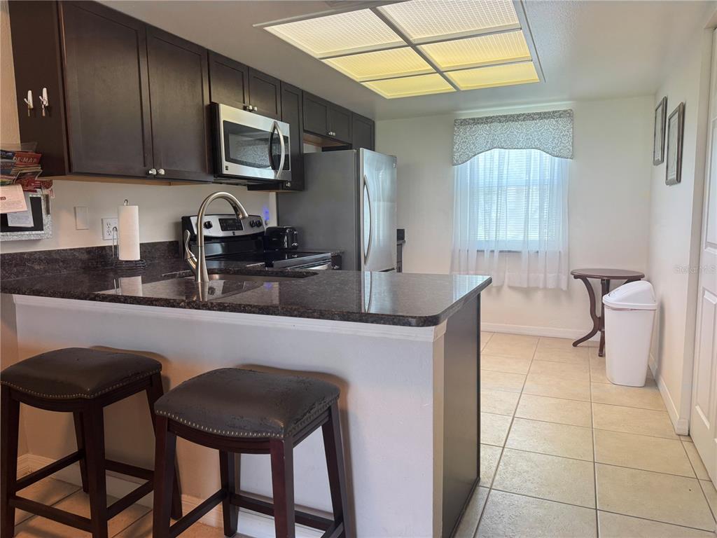 A kitchen features dark wood cabinets, granite countertops, stainless steel appliances, and a breakfast bar — 115 WINDWARD PLACE UNIT 15, OLDSMAR, FL