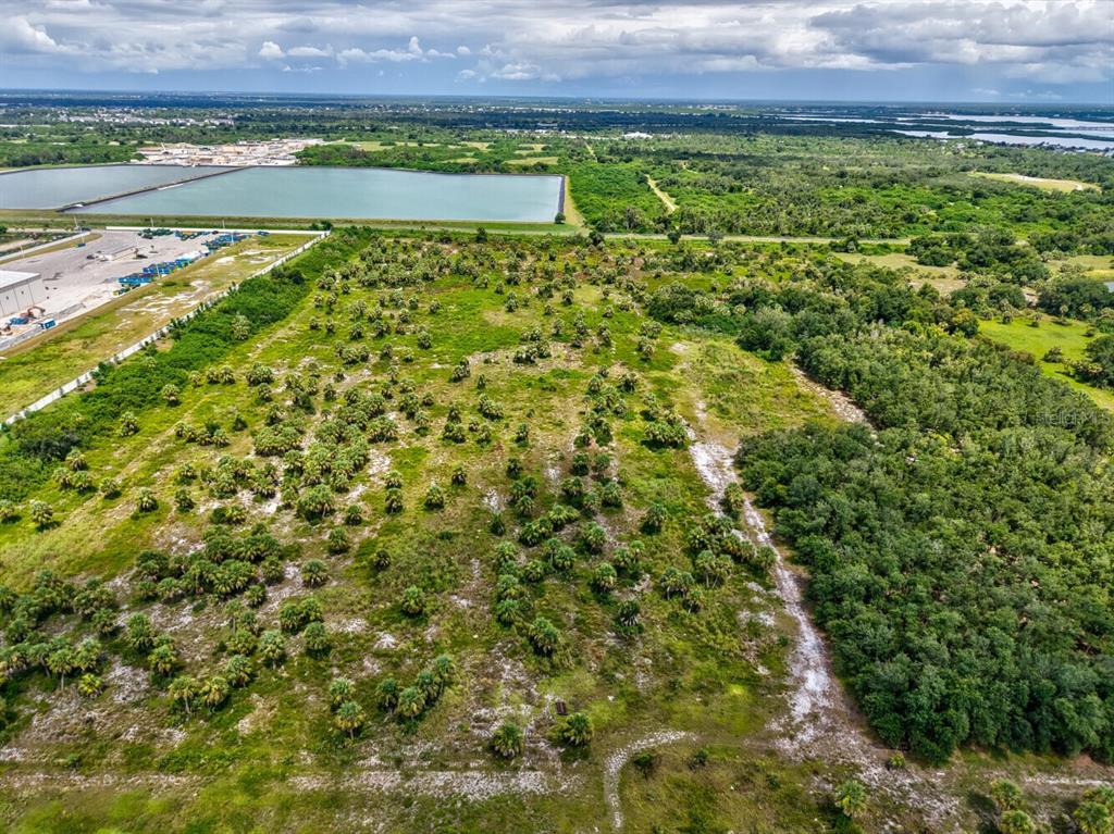 An aerial view of a large, undeveloped grassy lot with scattered palm trees and vegetation — 3317 ROWLAND DRIVE UNIT Tract F, PUNTA GORDA, FL