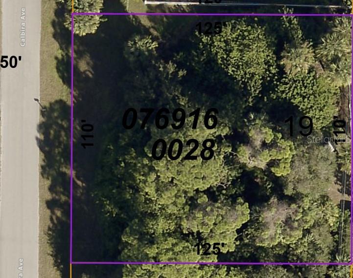 This is a map showing the aerial view and dimensions of a rectangular plot of land — LOT 19 CALBIRA AVENUE, NORTH PORT, FL