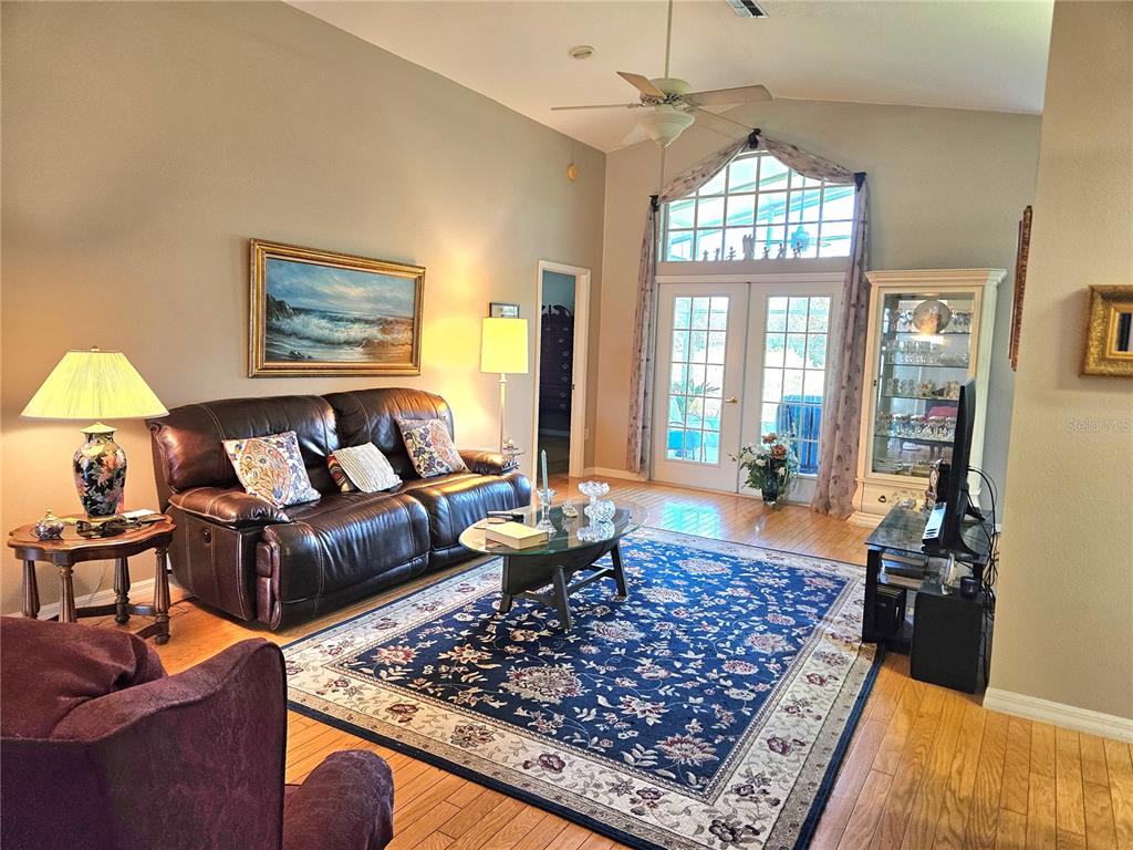 A living room features a leather sofa, a blue patterned rug, and tall windows — 11340 TEE TIME CIRCLE, NEW PORT RICHEY, FL