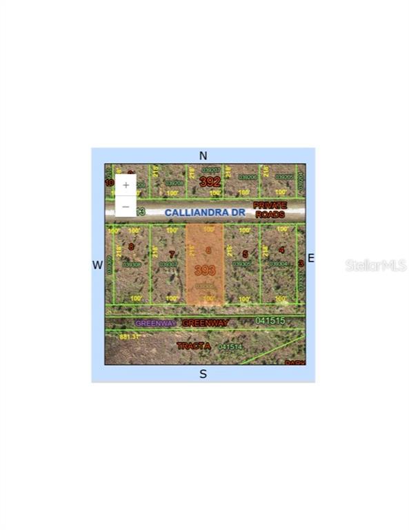 This is a plat map showing a highlighted rectangular land parcel labeled 393 — 511 CALLIANDRA DRIVE, INDIAN LAKE ESTATES, FL