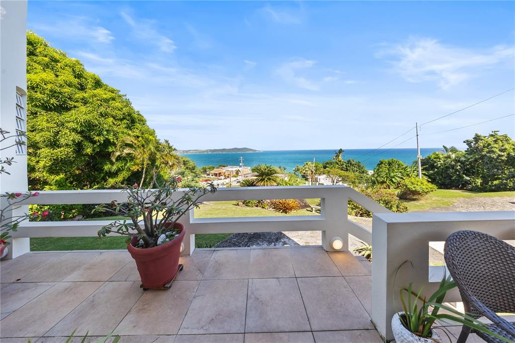 A tiled balcony with a white railing overlooks a grassy yard and the ocean — 39 BO. CAMINO NUEVO, YABUCOA, PR