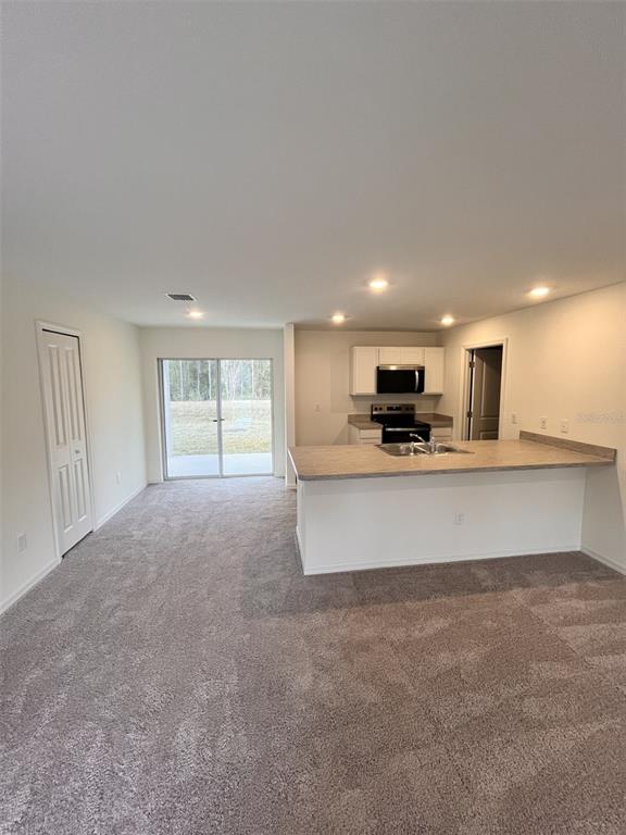 An open-concept kitchen and living area features carpeted flooring, white cabinetry, and a sliding door — 10255 WEATHERBY AVENUE, HASTINGS, FL