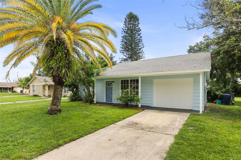 A light blue single-story house with a white garage door, driveway, and a large palm tree — 3261 LA VERNE COURT, NEW PORT RICHEY, FL