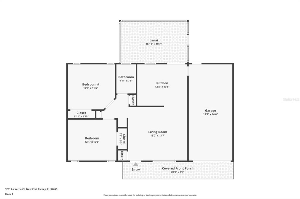 This is a floor plan for a single-story home with two bedrooms, one bathroom, and a garage — 3261 LA VERNE COURT, NEW PORT RICHEY, FL