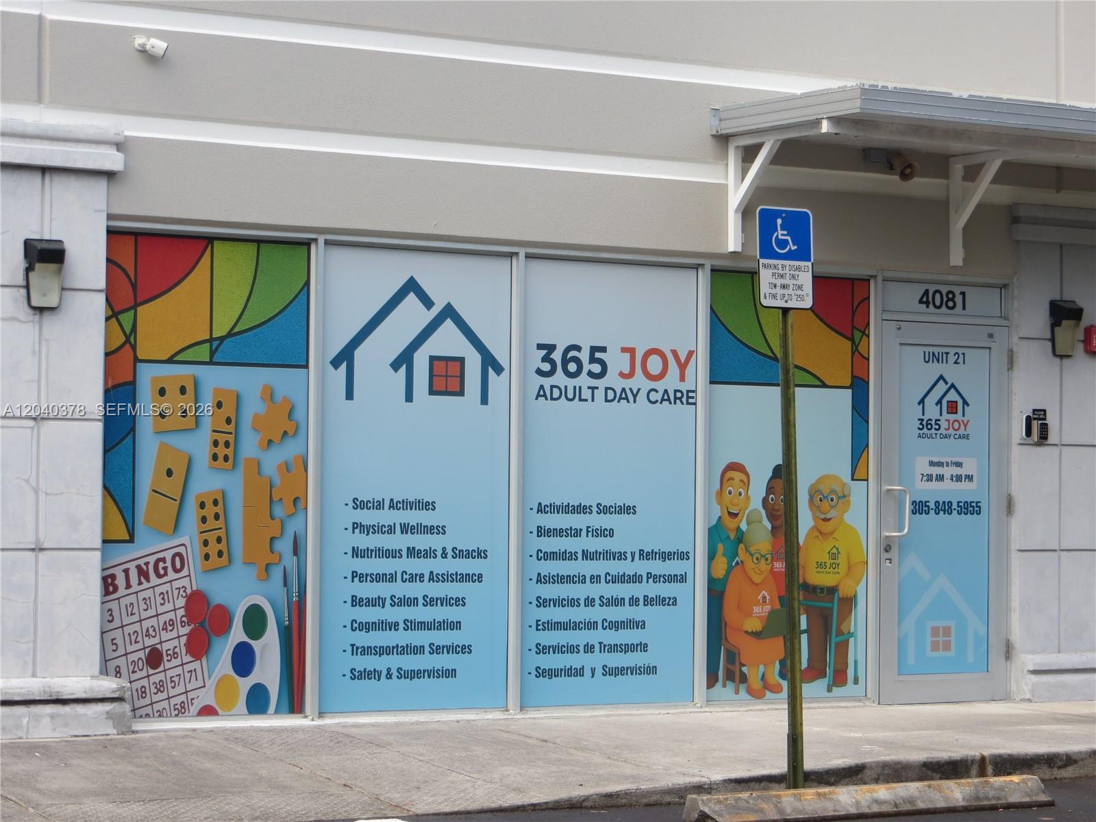 The exterior of an adult day care center features large window decals and a glass door — 4081 SW 152nd Ave, Miami FL 33185, MIAMI, FL