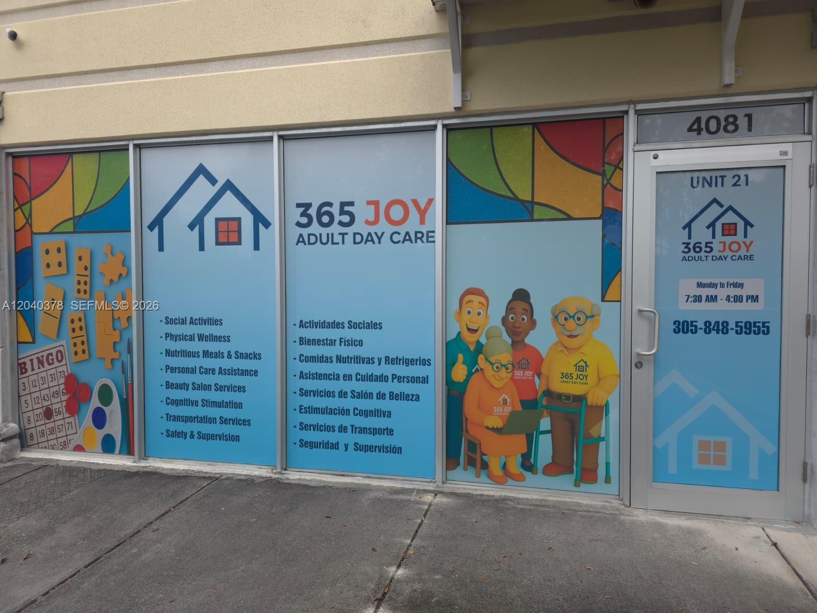 The exterior of an adult day care center features glass windows and a door with signage — 4081 SW 152nd Ave, Miami FL 33185, MIAMI, FL