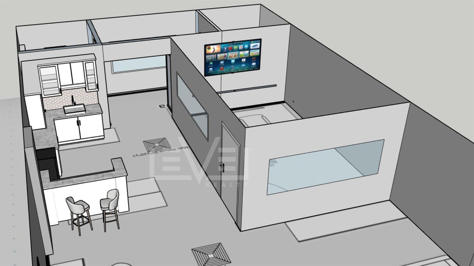 This 3D rendering shows an open-concept interior with a kitchen, bar seating, and a private room — FORT LAUDERDALE, FL