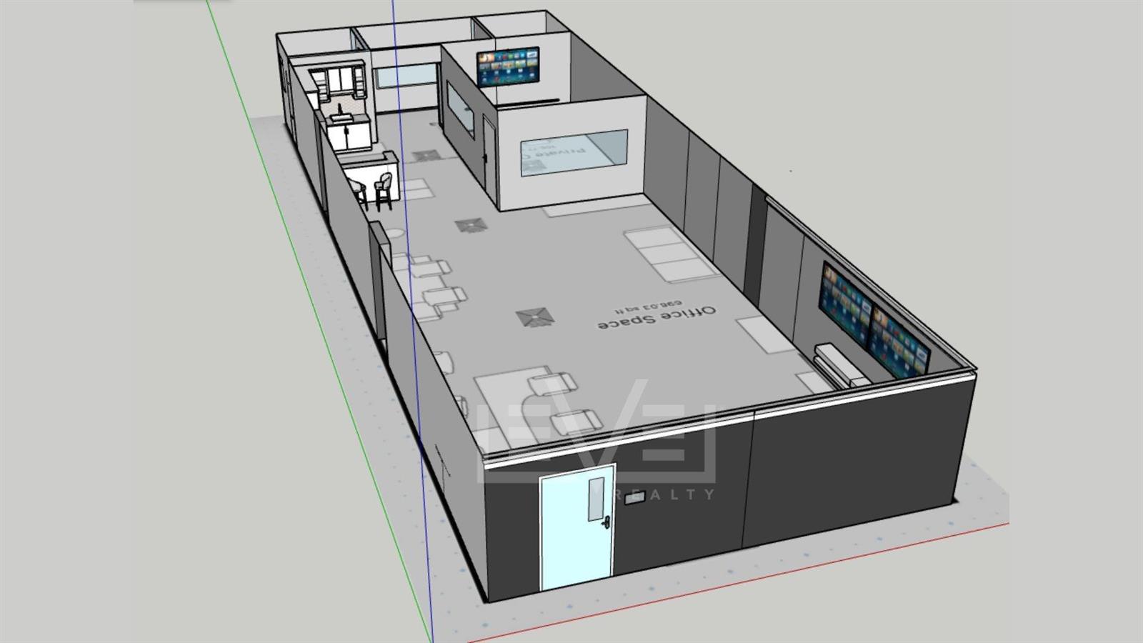 This is a 3D rendering of an open-concept office space featuring a kitchenette and private room — FORT LAUDERDALE, FL