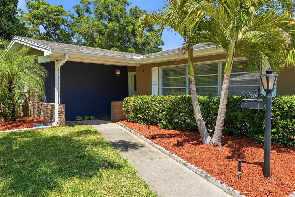 A single-story house with a blue accent wall, a concrete walkway, and a palm tree — 1341 RANCHWOOD DRIVE, CLEARWATER, FL