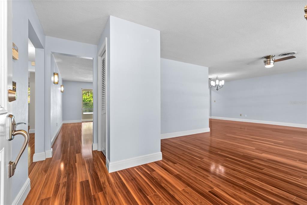An entryway leads to a living area with light blue walls and wood-look flooring — 1341 RANCHWOOD DRIVE, CLEARWATER, FL
