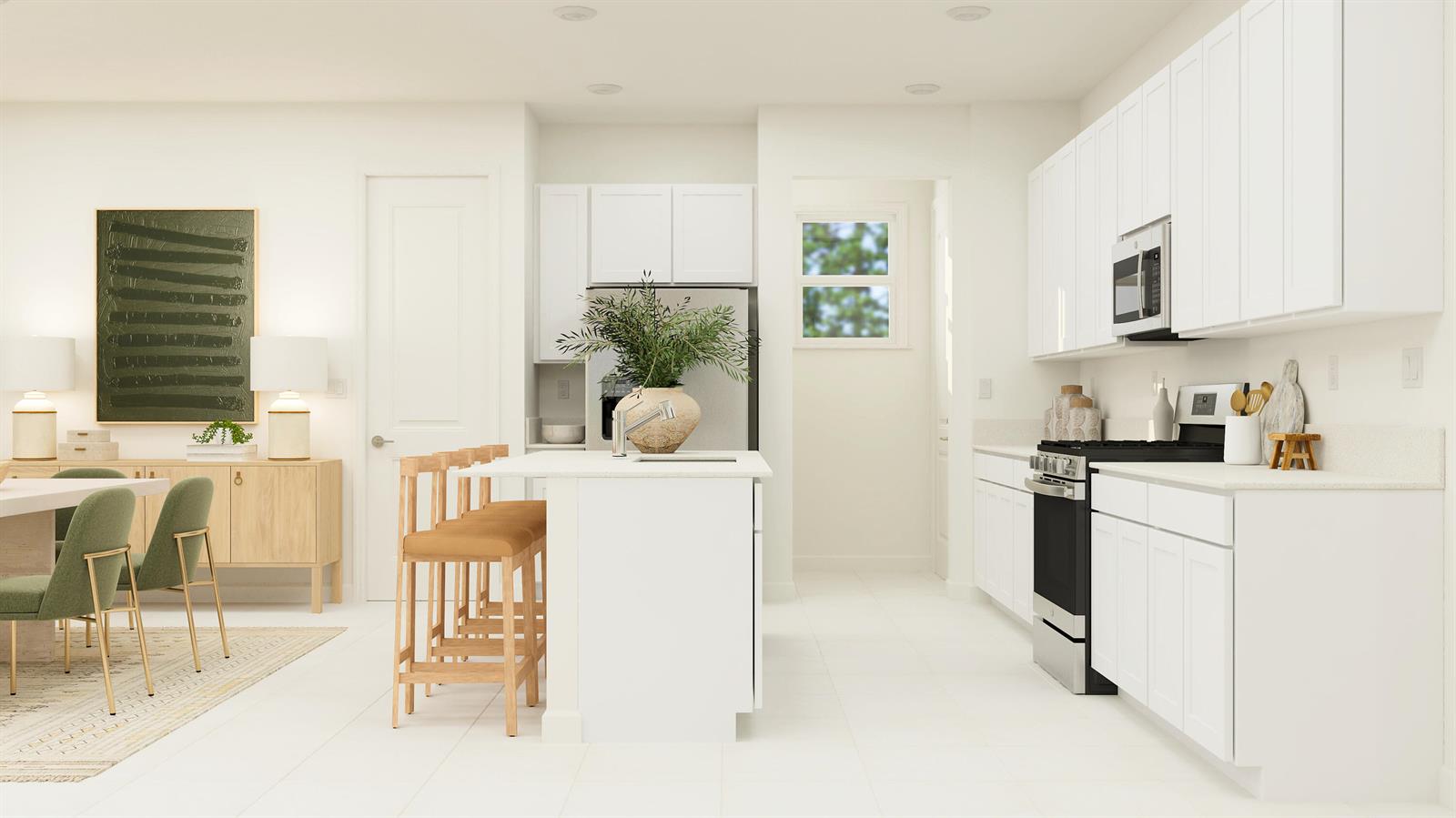 This rendering shows a modern kitchen with white cabinets, a central island, and stainless appliances — 1766 Wandering Willow Way, FL 33470, FL
