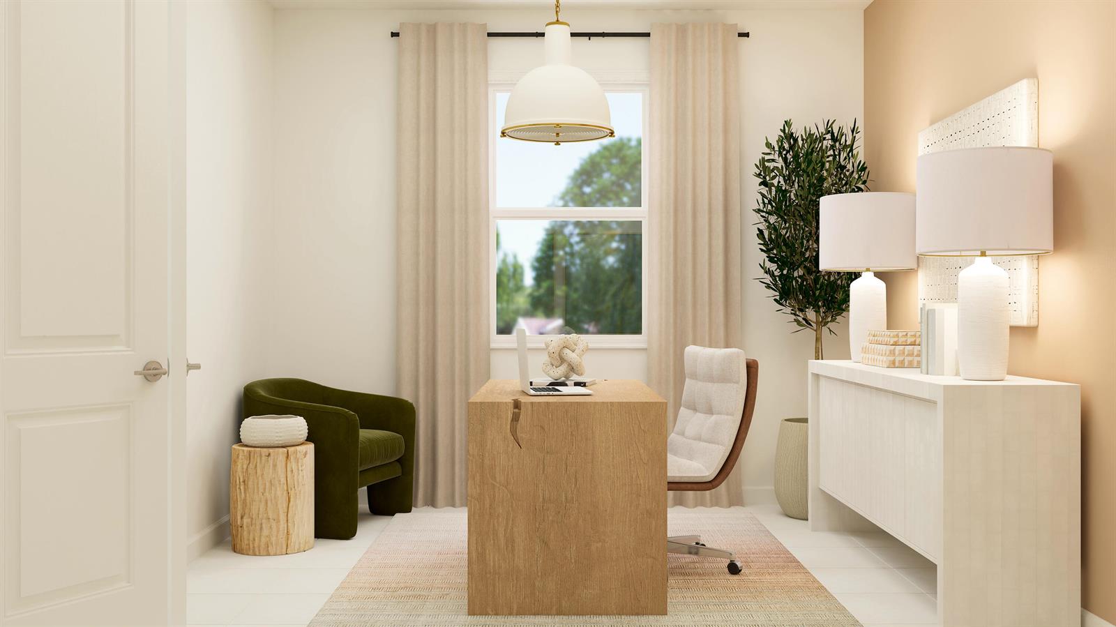 This rendering shows a home office with a wooden desk, green armchair, and white console — 1766 Wandering Willow Way, FL 33470, FL