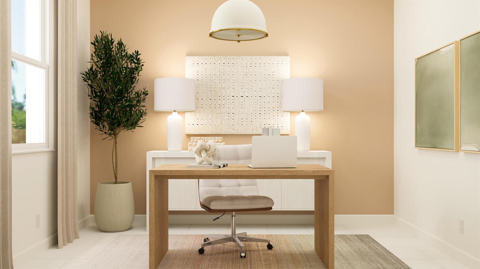This rendering shows a home office with a wooden desk, white console, and neutral decor — 1766 Wandering Willow Way, FL 33470, FL