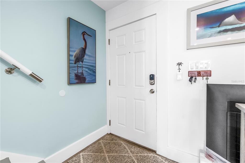 An entryway features a white door, a blue wall with bird art, and a key rack — 4982 COQUINA KEY DRIVE SE, ST PETERSBURG, FL