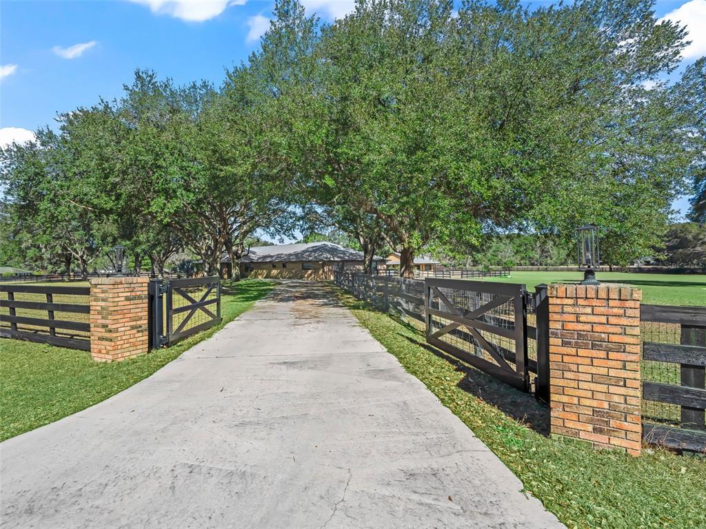 A concrete driveway leads through an open gate toward a house shaded by large trees — 9865 SW 74TH AVENUE, OCALA, FL