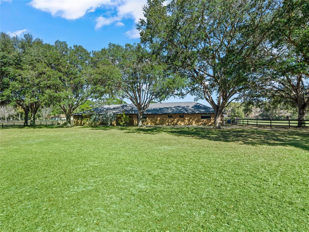 A single-story brick house sits behind a large grassy field shaded by mature trees — 9865 SW 74TH AVENUE, OCALA, FL