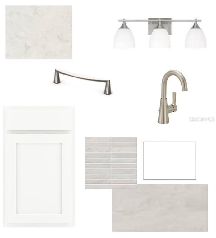 This is a digital mood board showing kitchen design finishes, including cabinetry, flooring, hardware, and fixtures — 31327 PENDLETON LANDING CIRCLE, WESLEY CHAPEL, FL
