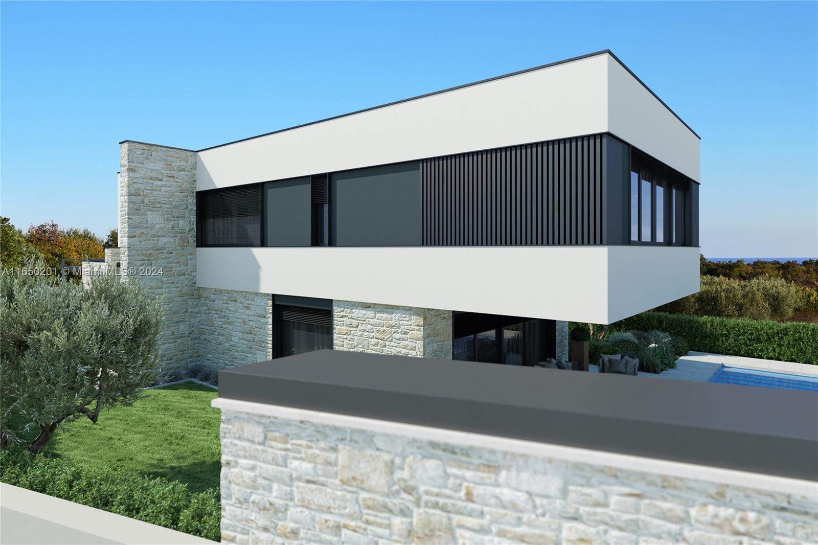 This is a rendering of a modern two-story house with stone and white exterior walls — 12 Rosini, IA 52446, IA