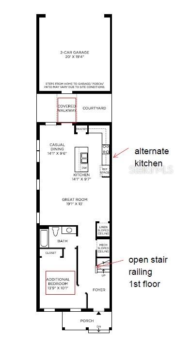 This is a floor plan for a home featuring a garage, courtyard, and open kitchen — 12788 SUNSET WALK DRIVE, WINTER GARDEN, FL