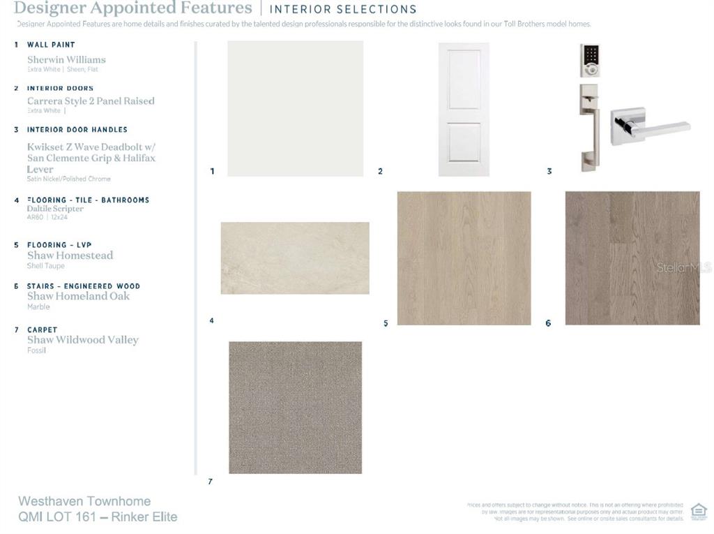 This design board displays interior finish selections including paint, doors, hardware, tile, LVP, and carpet — 12788 SUNSET WALK DRIVE, WINTER GARDEN, FL