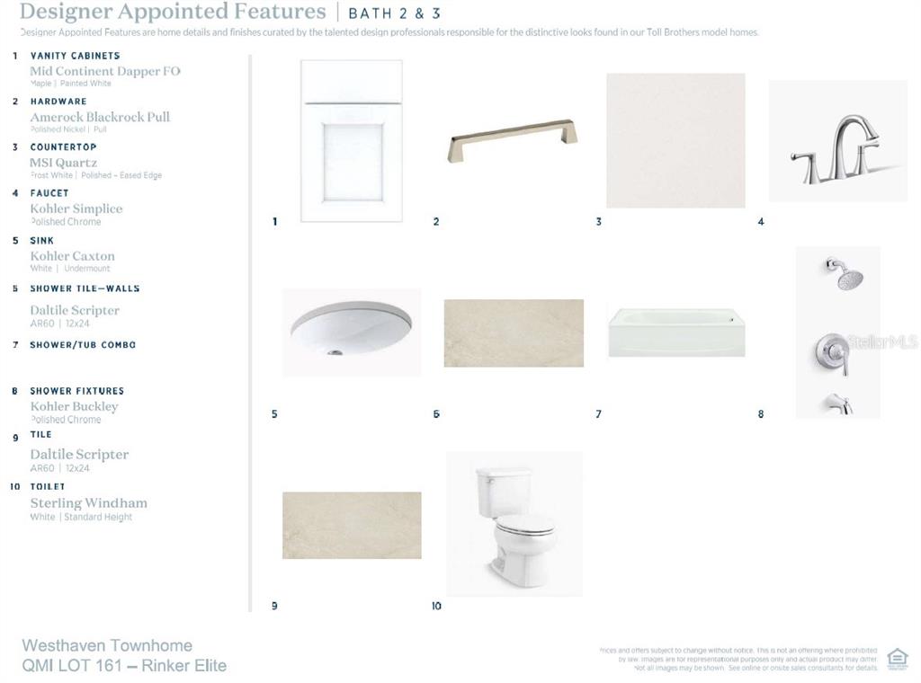 This document displays the designer-appointed finishes for a bathroom, including cabinetry, hardware, and fixtures — 12788 SUNSET WALK DRIVE, WINTER GARDEN, FL
