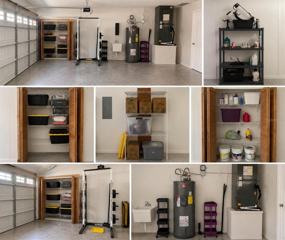 A garage interior featuring a power rack, storage shelving, a water heater, and utility sink — 10924 MILL POND WAY, ORLANDO, FL