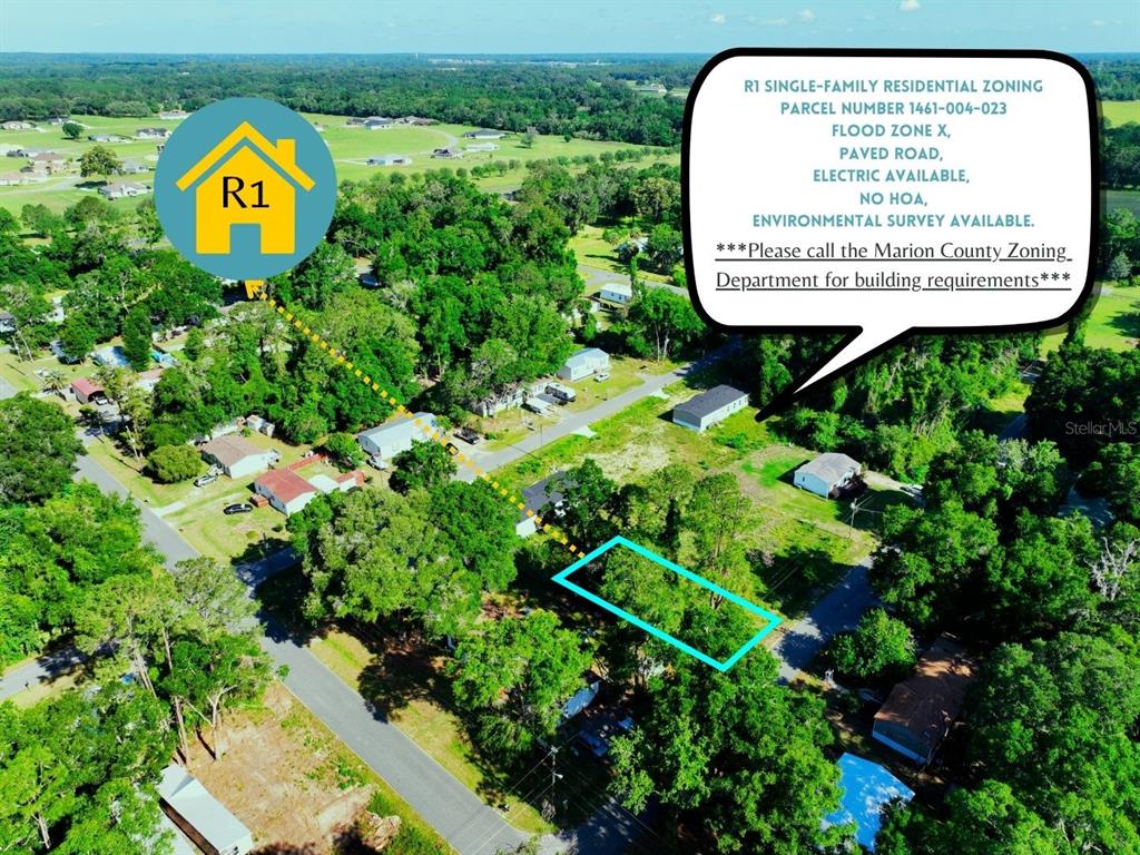 An aerial view shows a vacant, tree-covered residential lot outlined in blue — TBD NW 12TH COURT, OCALA, FL