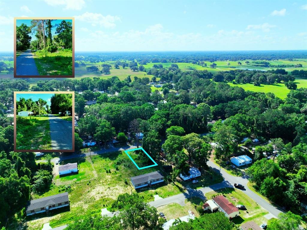 An aerial view shows a vacant, rectangular lot outlined in blue within a wooded neighborhood — TBD NW 12TH COURT, OCALA, FL
