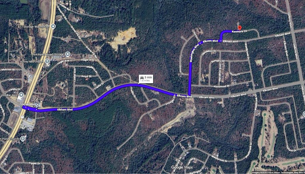 This is a map showing a driving route along Elkham Boulevard to Kenmore Circle — Lot 12 Unit 6 Blk 364 KENMORE CIRCLE, CHIPLEY, FL