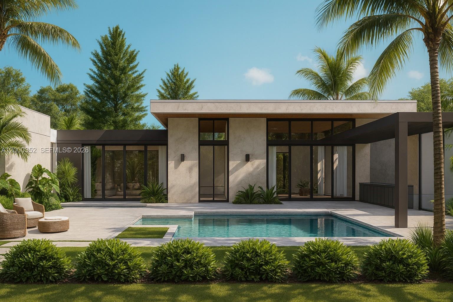 A modern house features a rectangular swimming pool, lounge chairs, and palm trees on a patio — 789 NE 83rd Street, Miami FL 33138, MIAMI, FL