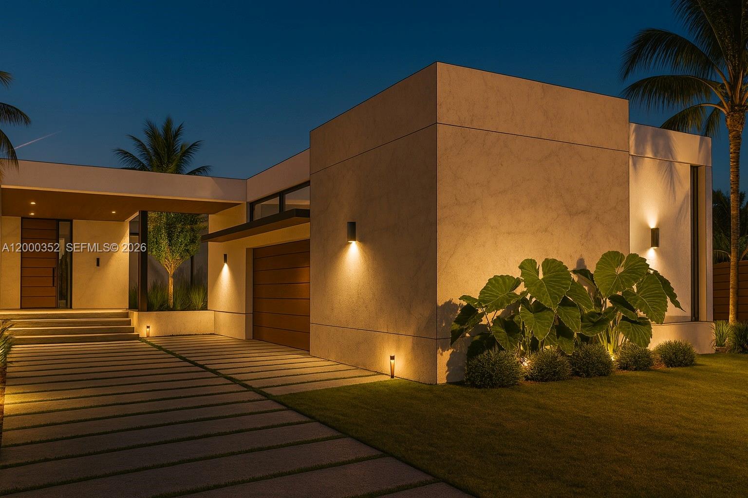 This is a rendering of a modern house exterior at night with a parked SUV — 789 NE 83rd Street, Miami FL 33138, MIAMI, FL