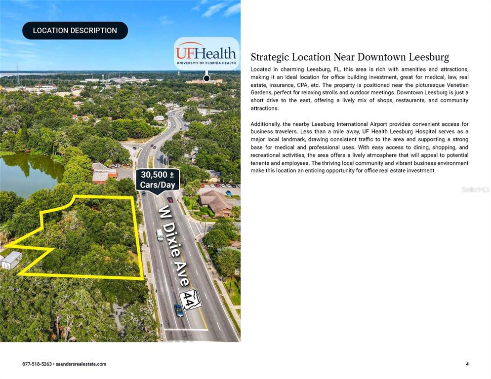 This is an aerial map showing a vacant, wooded lot outlined in yellow along a road — 1024 - 1038 W DIXIE AVENUE, LEESBURG, FL