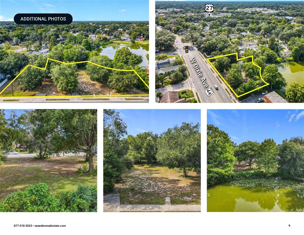 This composite image shows aerial and ground-level views of a wooded, vacant lot near a pond — 1024 - 1038 W DIXIE AVENUE, LEESBURG, FL