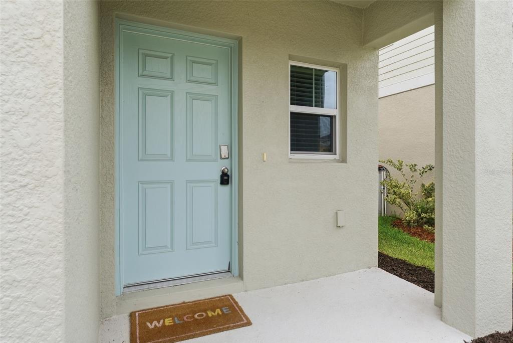 A light blue front door with a welcome mat sits on a concrete porch — 12950 PASTURE WOODS PLACE, LITHIA, FL