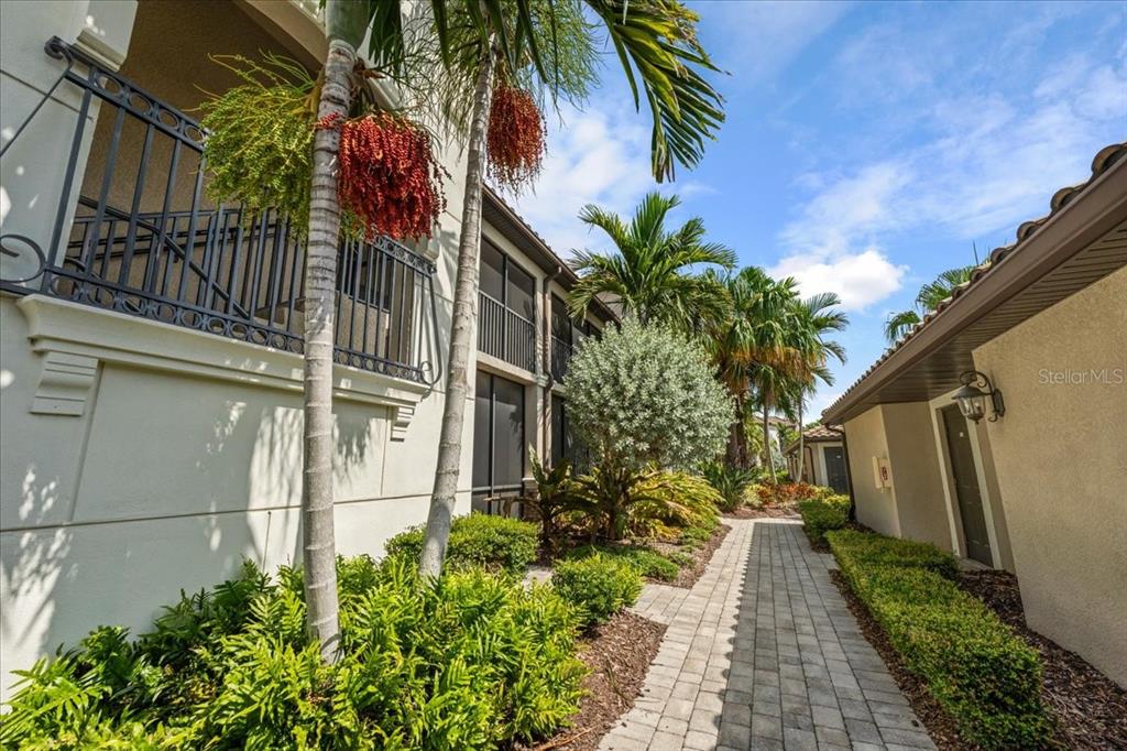 A paved walkway leads between a multi-story building with balconies and a single-story structure — 5557 PALMER CIRCLE UNIT 202, BRADENTON, FL