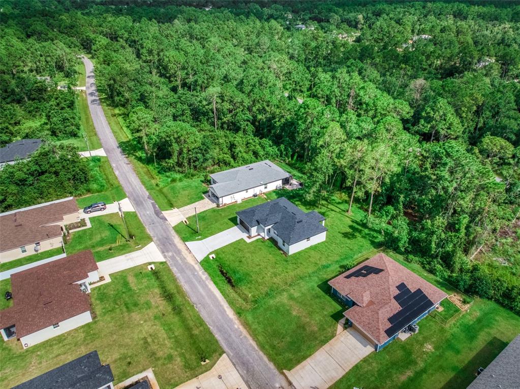 An aerial view shows several suburban houses with driveways surrounded by dense green forest — 8725 CAPILLA STREET, SEBRING, FL