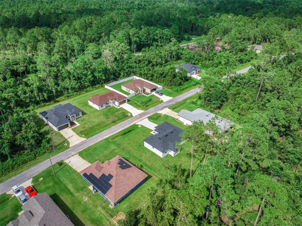 An aerial view shows several single-family homes situated along a road surrounded by dense forest — 8725 CAPILLA STREET, SEBRING, FL