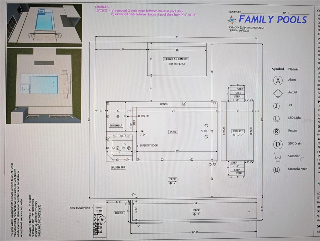 This is a detailed architectural floor plan rendering for a custom swimming pool and deck — 2564 ARLINGTON STREET, SARASOTA, FL