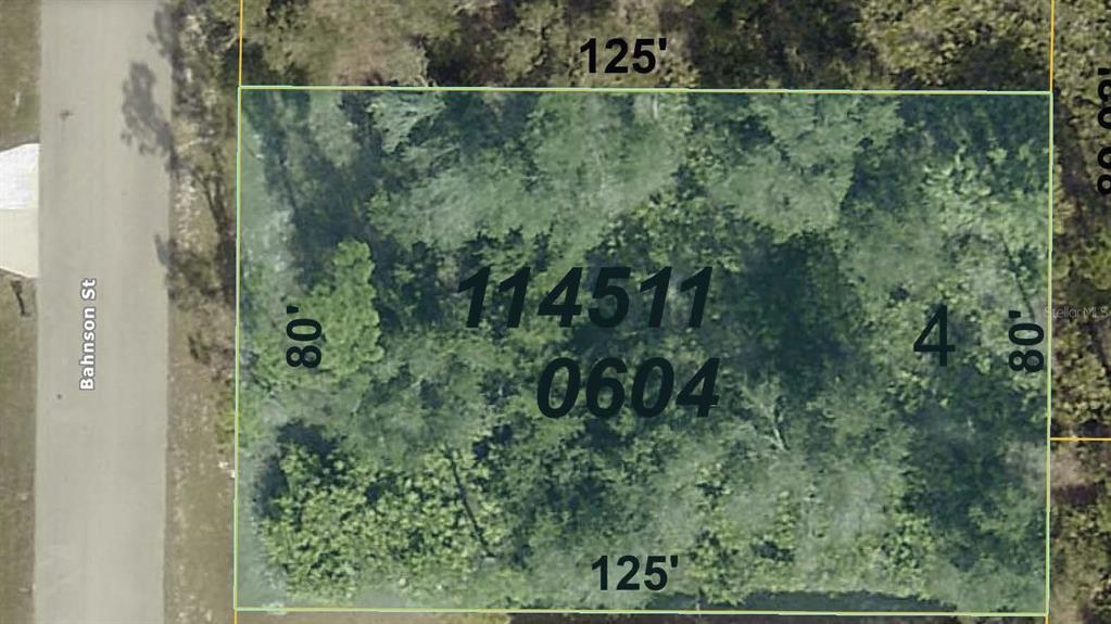 This is an aerial map showing the rectangular dimensions of a wooded residential lot — BAHNSON STREET, NORTH PORT, FL