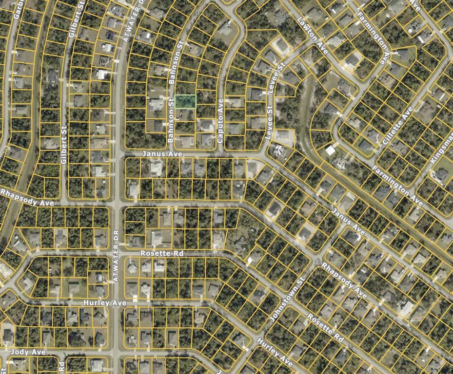 This is an aerial map view of a residential neighborhood with outlined property lots — BAHNSON STREET, NORTH PORT, FL
