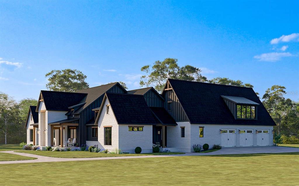 This is a digital rendering of a modern farmhouse with white brick and black siding — 4302 ROYAL SKY COURT, BROOKSVILLE, FL
