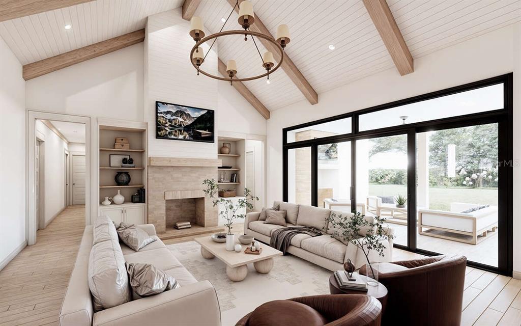 This rendering shows a living room with a vaulted ceiling, fireplace, and large sliding glass doors — 4302 ROYAL SKY COURT, BROOKSVILLE, FL