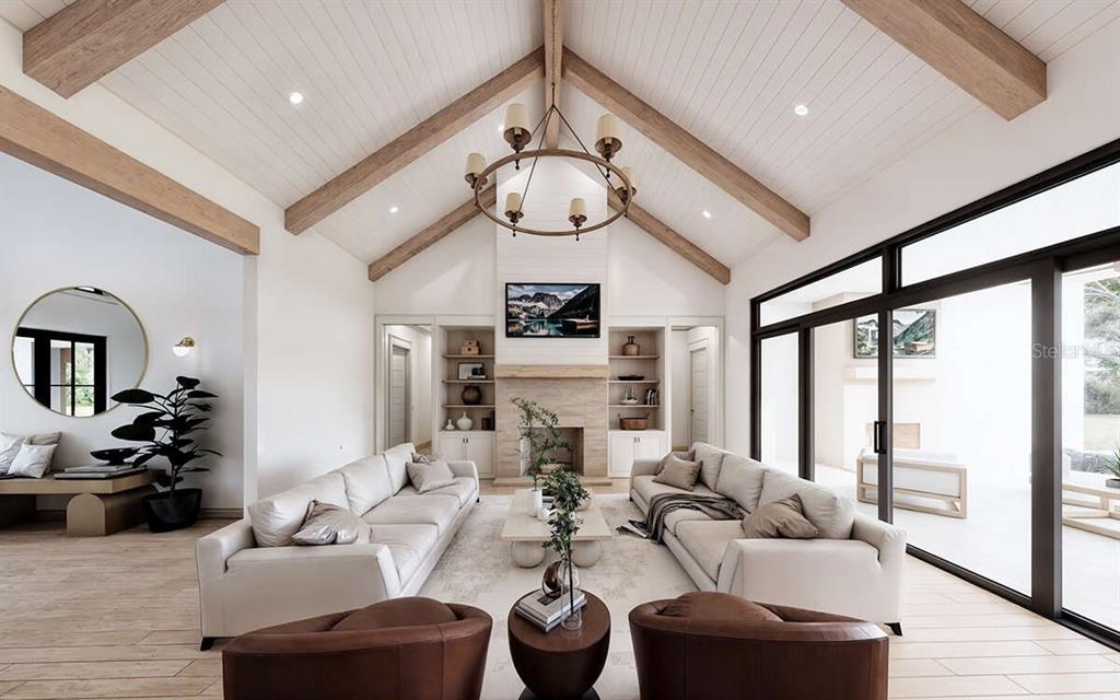 This rendering shows a living room with a vaulted ceiling, exposed beams, and a fireplace — 4302 ROYAL SKY COURT, BROOKSVILLE, FL
