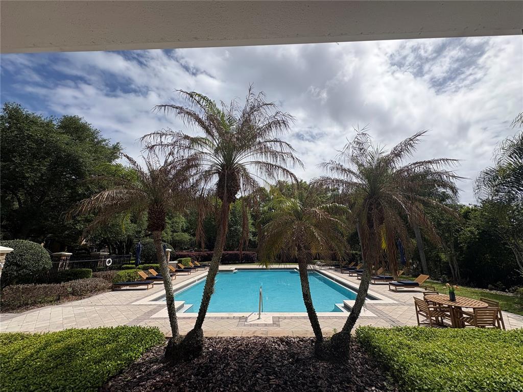 A swimming pool is surrounded by a paved deck, palm trees, and manicured hedges — 3190 DANTE DRIVE UNIT 307, ORLANDO, FL