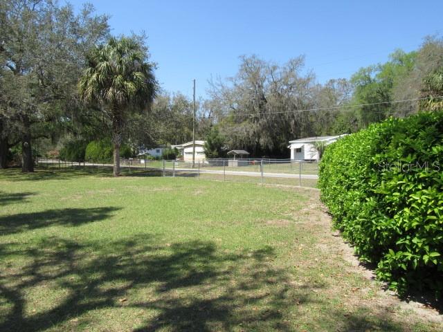 A grassy yard features a palm tree, a chain-link fence, and nearby houses — SE 102ND COURT RD, SUMMERFIELD, FL
